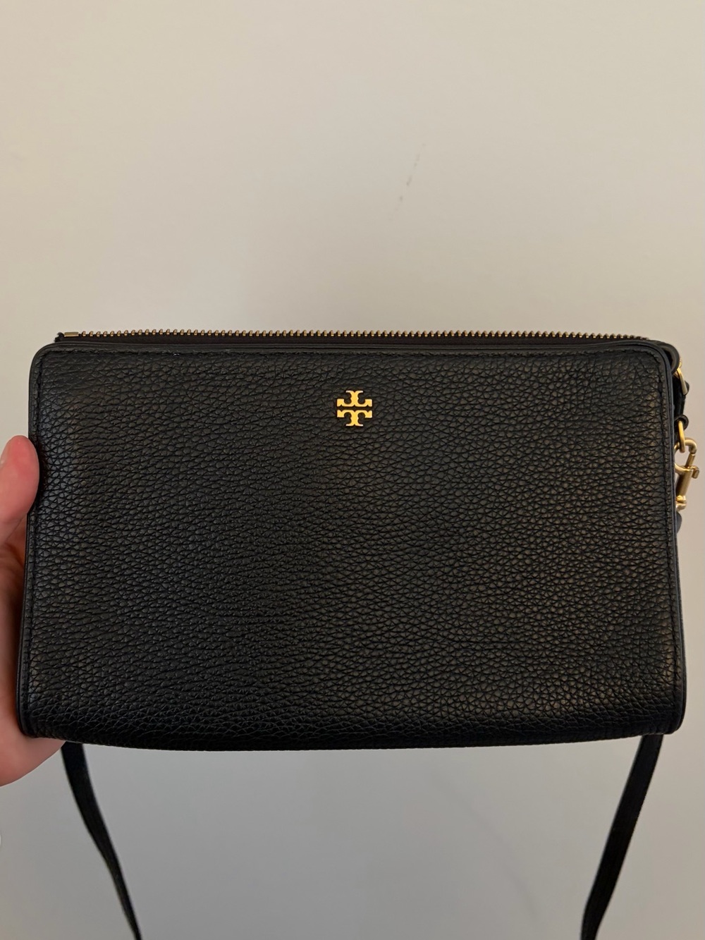 Tory Burch Black Pebbled Leather Crossbody with Gold Logo Accent